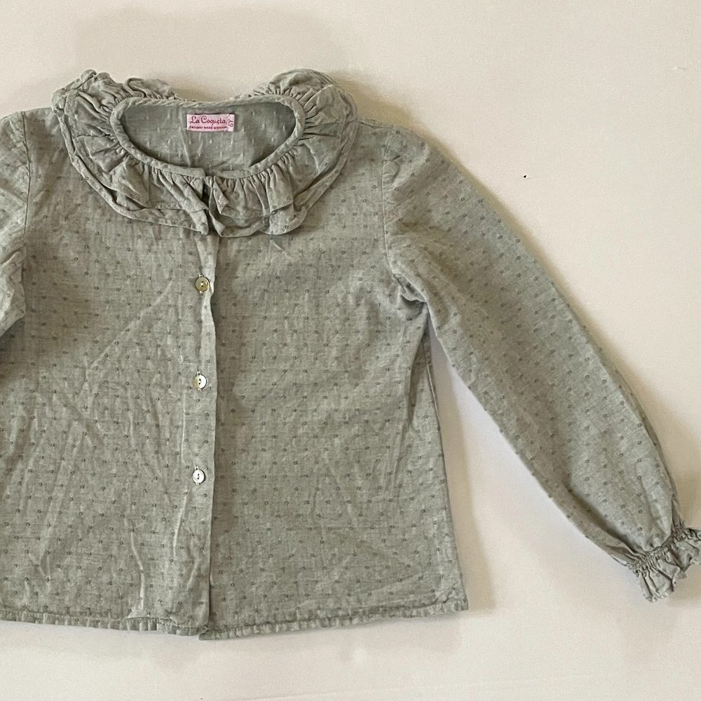 La Coqueta point d'esprit Swiss dot gray-blue cotton blouse: 6 years